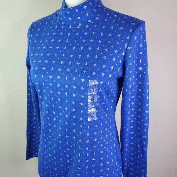 Karen Scott Womens Blue Snowflake Dot Mockneck Top PS - Picture 3 of 10